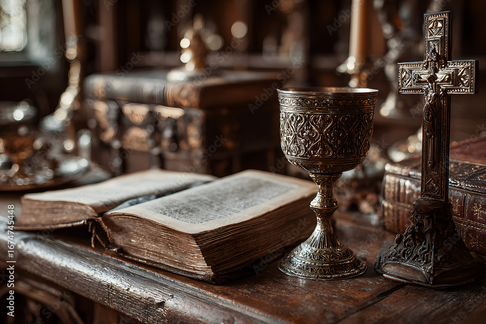 Fototapeta premium Chalice, Bible and altar cross.