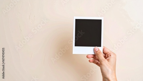 A hand holds a blank polaroid photo against a neutral, cream-colored background.