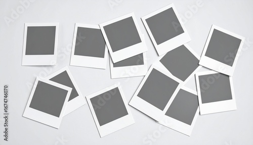 Scattered blank Polaroid-style photographs on a light gray surface.