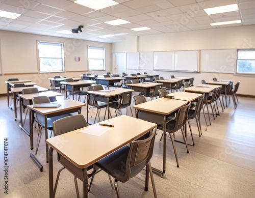 An empty classroom with rows of desks and chairs  bright lighting  and whiteboards on the wall  ready for students.