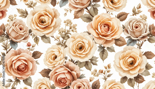 A timeless and elegant seamless watercolor pattern of vintage-style roses in warm cream and beige tones.