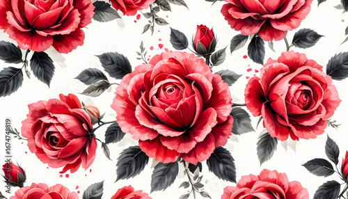 A bold and vibrant repeating floral motif featuring hand-painted red rose clusters with dark foliage.