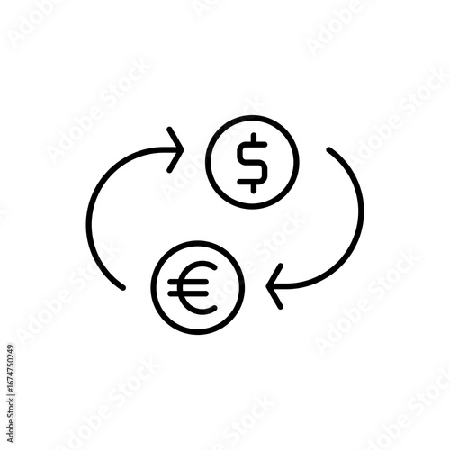 Exchange icon showing currency arrows linking dollar and euro for finance websites, financial presentations, banking apps, economic blogs, and global market reports.