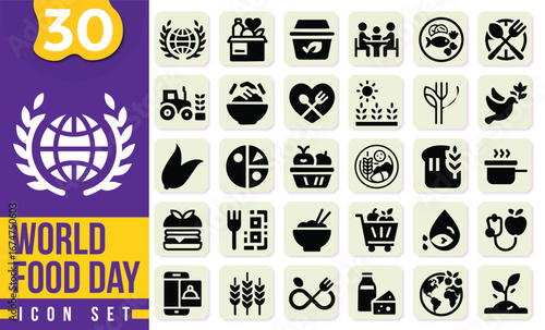 World Food Day Icon Set – 30 Black Glyph Icons Representing Global Food Security, Agriculture, and Nutrition
