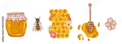 Set of honey jar, dipper, and bee in hand drawn flat style. Golden honeycomb with syrop