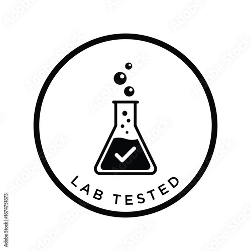 Lab tested flask icon science research chemical flask with checkmark laboratory equipment symbol