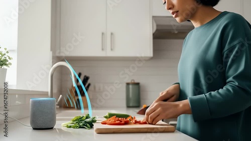Woman in teal shirt prepares vegetables in a modern kitchen, using a smart speaker.  Sound waves are shown emanating from the device