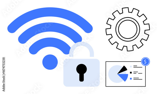 wireless signal icon, padlock for security, gear for configuration, and data chart for analytics. Ideal for cybersecurity, network management, IoT, digital solutions, tech innovation online privacy
