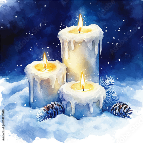 Winter Candlelight, watercolor painting vector, isolated on a white background.