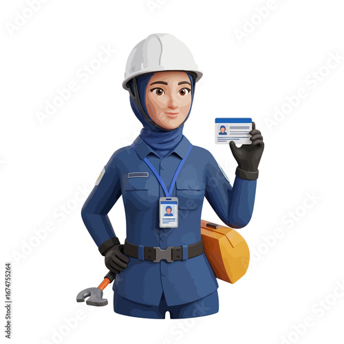 Professional Muslim woman technician wearing a safety helmet and uniform, presenting her work identification badge