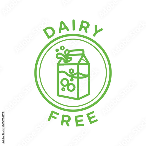 Dairy-free milk carton label icon, lactose-free product badge with splashing milk