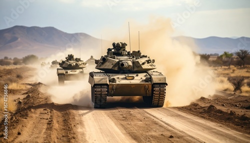 Tanks driving on a dusty road