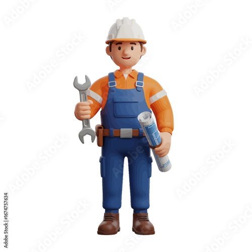 Isolated 3D illustration of a professional male builder in a hard hat and overalls, holding a wrench and blueprints for a construction project
