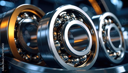Closeup of Ball Bearings with Industrial Machinery Components.