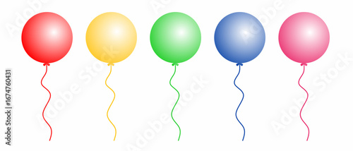 Set of colorful glossy balloons in red, yellow, green, blue, and pink. Round balloons isolated on white background. Perfect for birthday parties, celebrations, decorations, and festive designs.