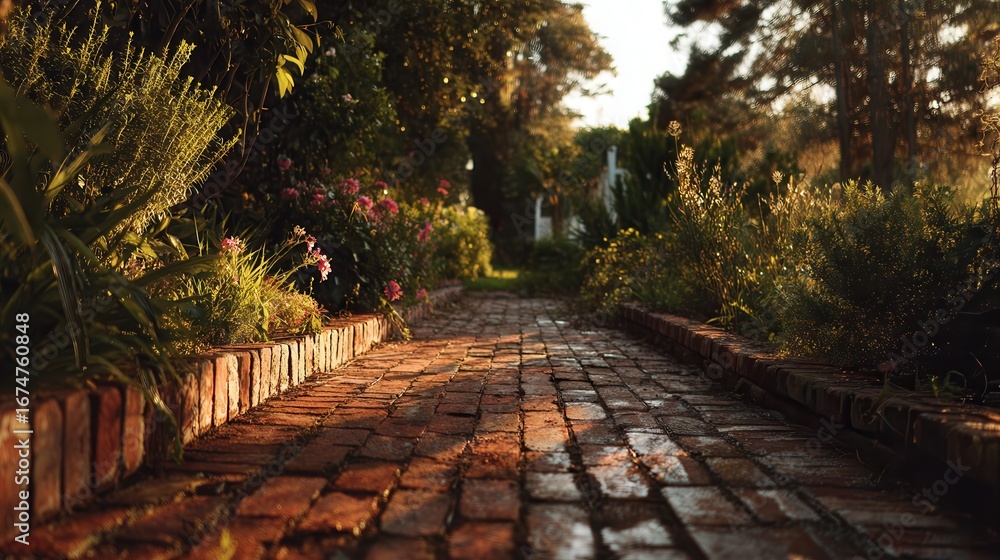 Fototapeta premium Serene garden pathway with blooming flowers at sunset in a peaceful landscape