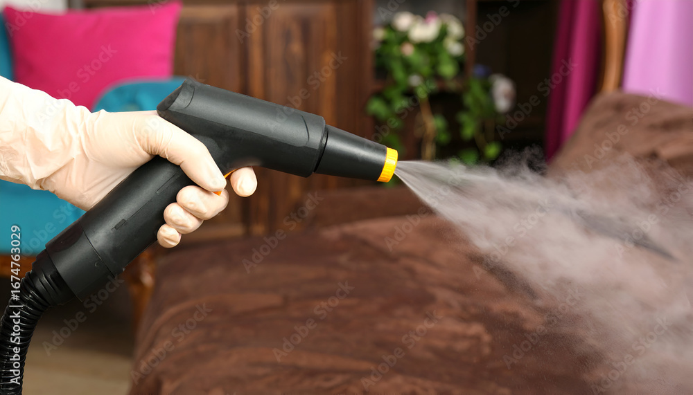 Fototapeta premium Hand Holding Cleaning Equipment On Brown Sofa In Modern Living Room