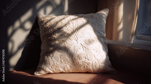 Warm sunlight casts intricate shadows on a textured cushion with delicate embroidery, creating a cozy atmosphere in a softly lit room