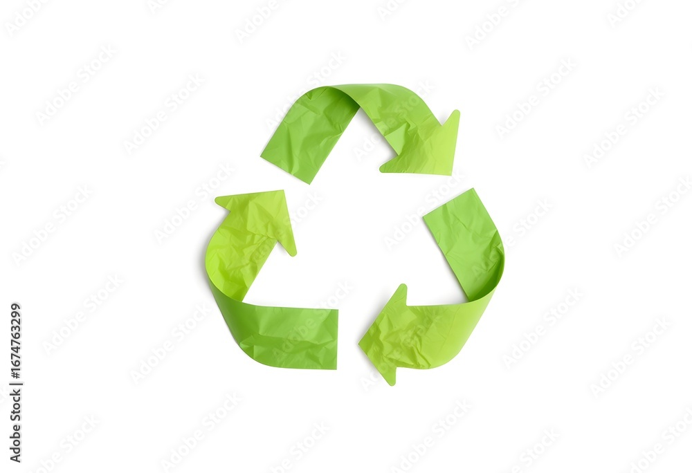 Obraz premium The universal green recycling symbol, fashioned from recycled paper, stands as a powerful emblem of environmental responsibility and the circular economy, promoting sustainable practices globally