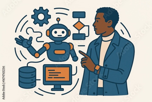 Engaging discussion between a thoughtful man and a friendly robot showcasing artificial intelligence concepts with a focus on innovative technology integration in daily life