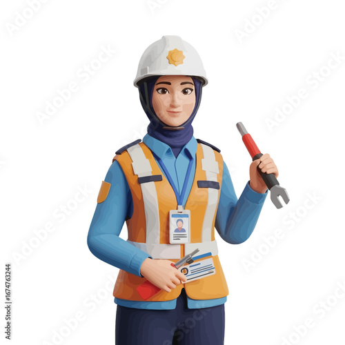 Female construction worker wearing a hijab and safety gear, holding tools, illustration