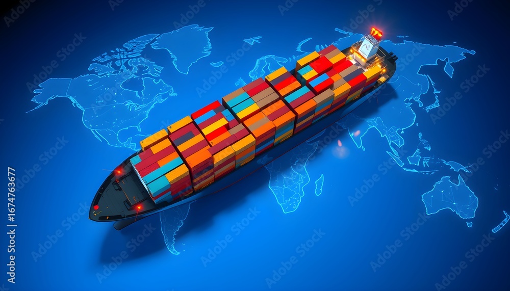 Fototapeta premium A cargo ship loaded with containers sails across a blue world map, symbolizing global trade.