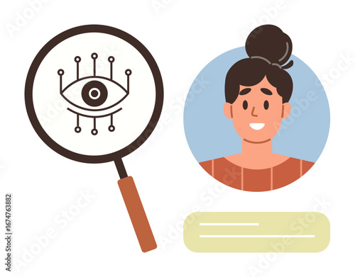 Magnifying glass focusing on biometric eye illustration next to a smiling woman portrait and text placeholder. Ideal for online identity, cybersecurity, biometric verification, personal data, digital