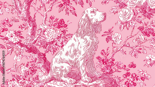 花と犬のデザインの装飾的な背景	