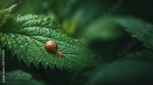 Close-up view of a snail slowly moving across a wet green leaf in a tranquil garden setting