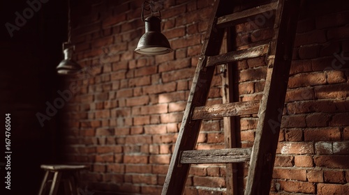 Wooden ladder resting against a brick wall with an old paint can on a step in a dimly lit room