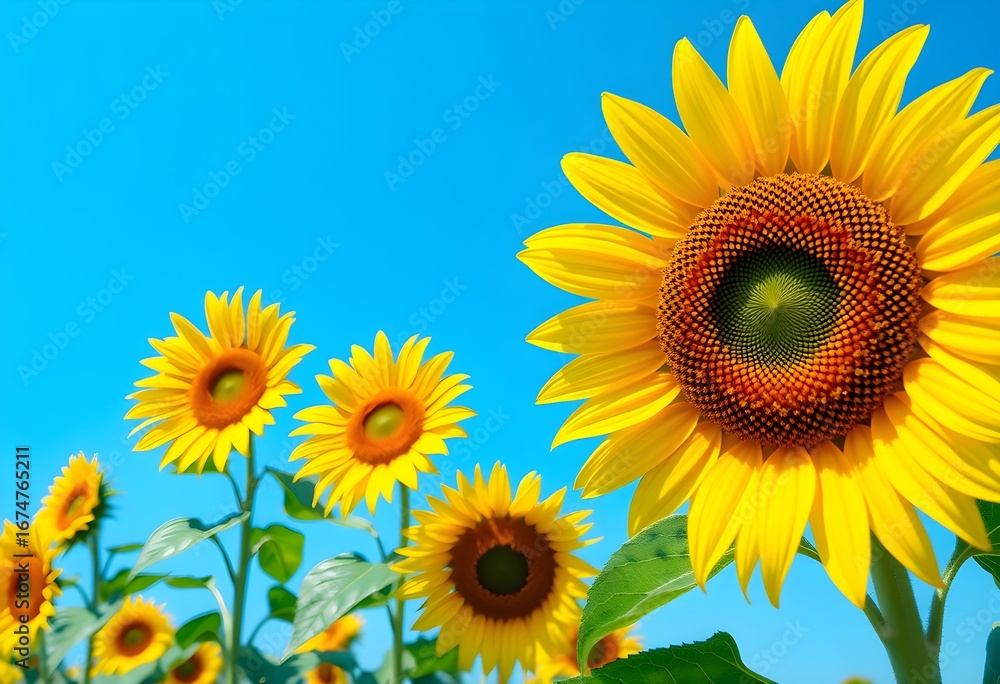 Fototapeta premium Vibrant sunflowers bask in bright sunlight against a clear blue sky.