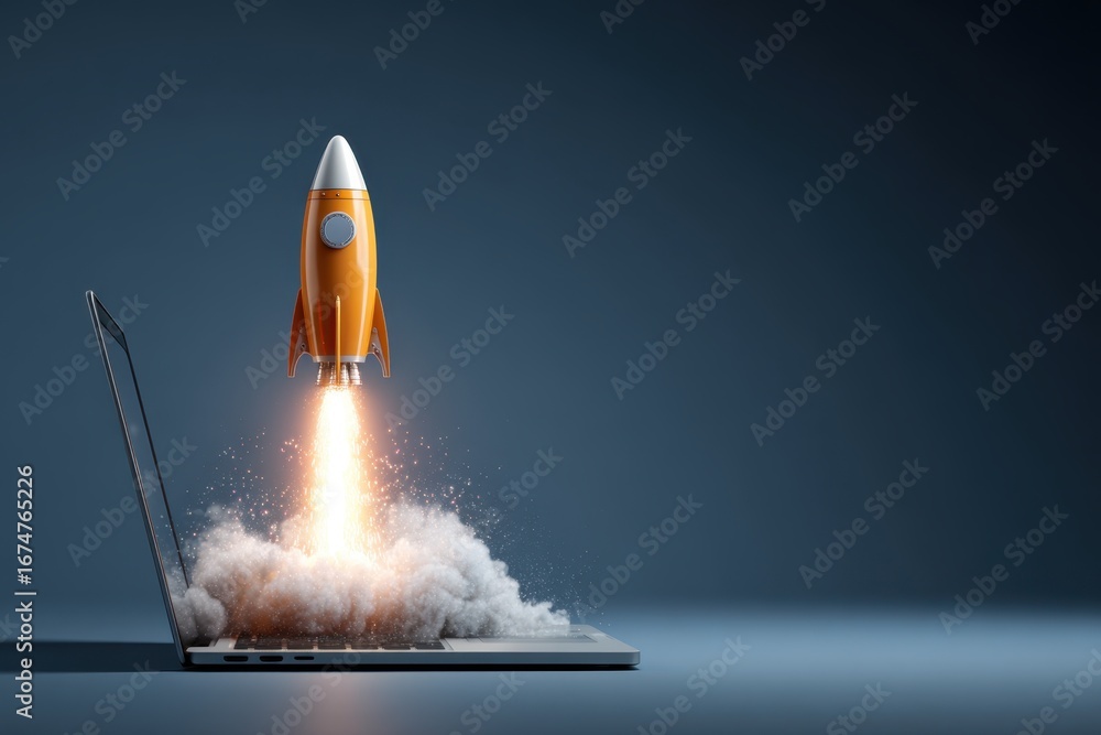 Naklejka premium Creative concept of a rocket launching from a laptop, symbolizing startup success, innovation, and digital growth. Ideal for business, technology, marketing, and startup-themed content.