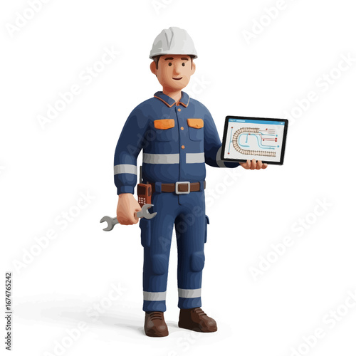 3D illustration of a male industrial engineer wearing a hard hat and uniform, holding a wrench and a tablet, symbolizing technical maintenance and system planning