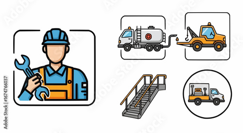 Aviation vector object and icon mechanic services and industrial vehicles including tow truck and tanker truck vector illustration