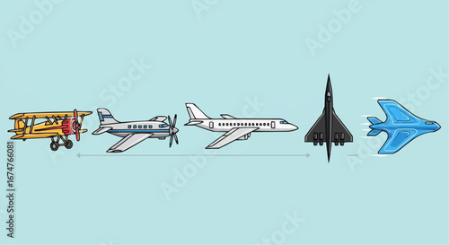 Aviation vector object and icon aircraft evolution timeline vector illustration showcasing different types of airplanes and jets design history