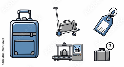 Aviation vector object and icon find travel luggage baggage suitcase trolley tag security scan lost item vector illustration set