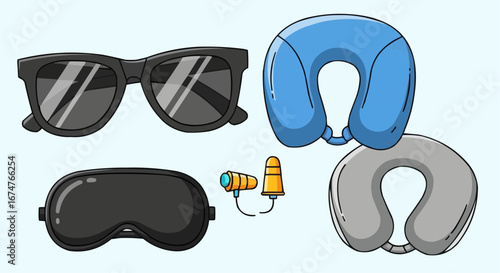 Aviation vector object and icon travel essentials for comfortable journey with eye mask sunglasses earplugs and neck pillow for relaxation