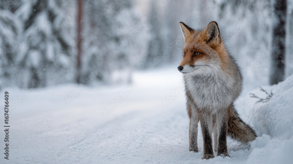 Fototapeta premium Fox in the snowy forest observes its surroundings during a tranquil winter evening