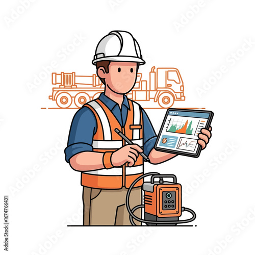 Construction worker uses a digital tablet for precise project management and data analysis, optimizing site operations with modern technology and heavy equipment