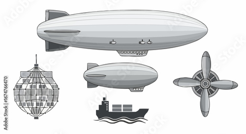 Aviation vector object and icon explore airship zeppelin designs and vintage aviation with detailed ship and propeller graphics vector