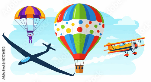 Aviation vector object and icon explore air adventures with colorful hot air balloon biplane glider and skydiving parachute vector design