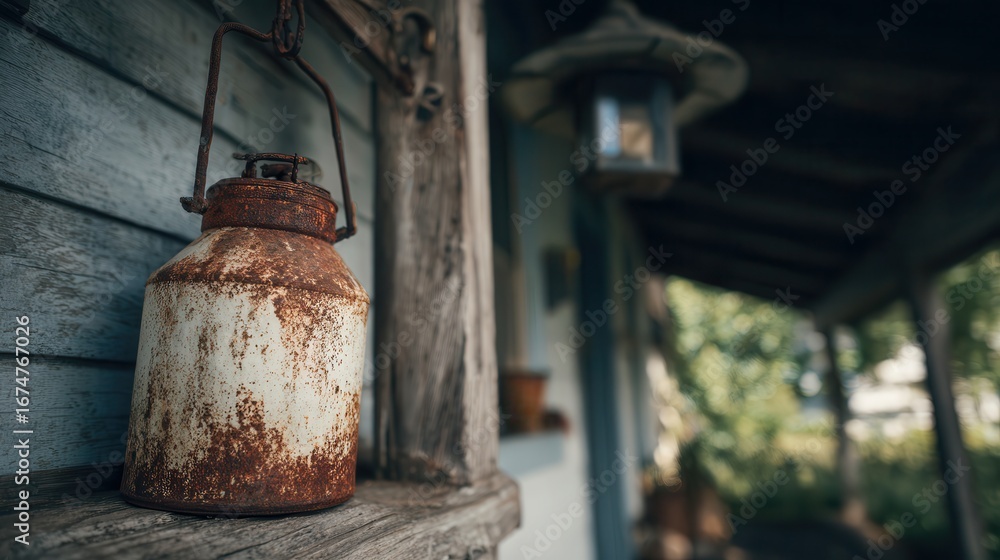 Fototapeta premium Vintage milk can rests on rustic porch surrounded by lush greenery in warm afternoon light