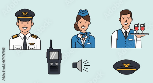 Aviation vector object and icon airline crew including pilot stewardess and waiter with aviation equipment vector illustration design