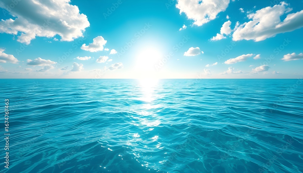 Obraz premium Calm ocean view with bright sun reflecting on the water's surface under a blue sky with scattered clouds.