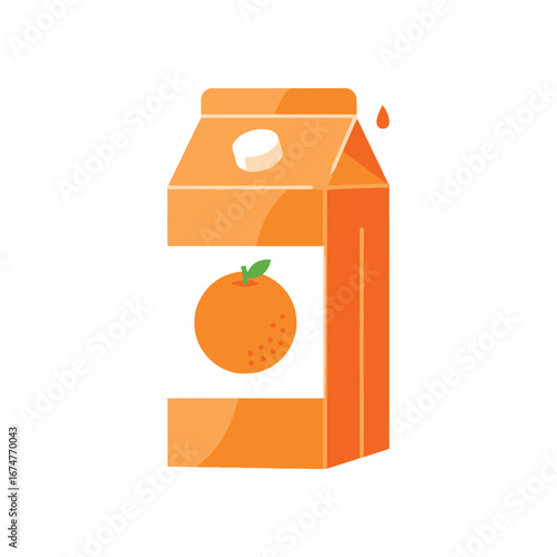 Cartoon orange juice carton with an orange on the front and a drop of juice.