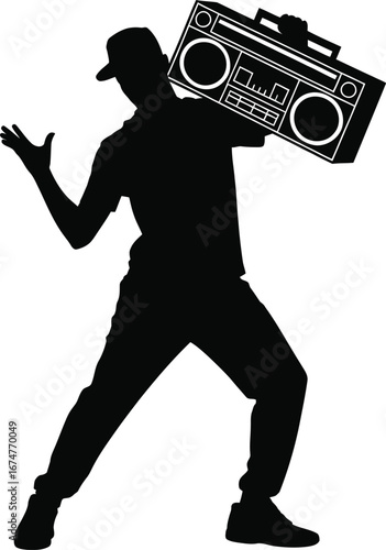 Hip Hop Dancer with Boombox Silhouette Icon – Retro Street Dance Music Symbol