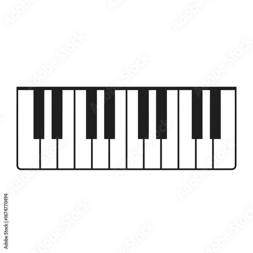 A minimalist black and white graphic illustration of a two-octave piano keyboard, depicted as a simple icon on a plain white background.