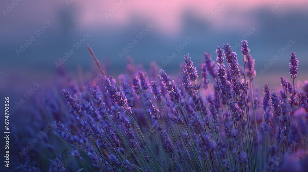 Fototapeta premium Vibrant lavender fields bloom at sunset in a serene landscape of purple hues
