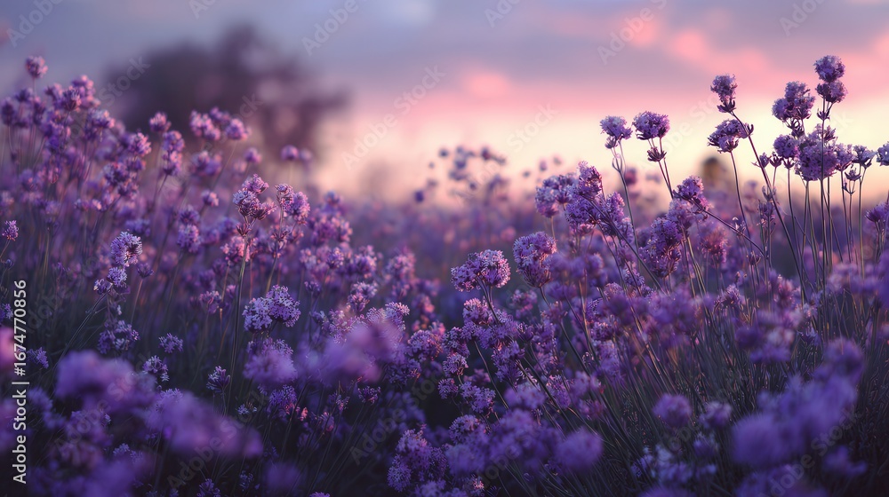Fototapeta premium Vibrant lavender fields bloom at sunset in a serene landscape of purple hues