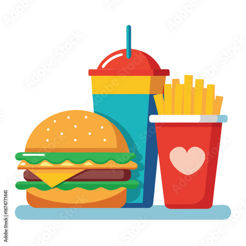Fast food combo meal with burger fries and drink illustration